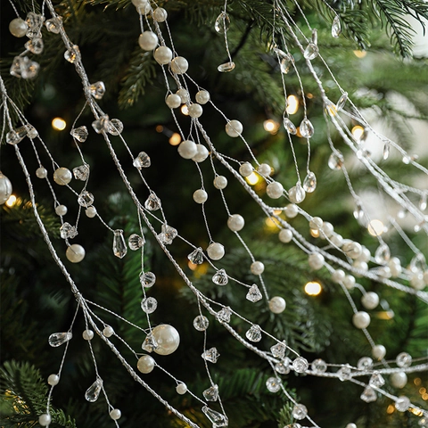 Christmas Artificial Pearl And Crystal Bead Garland String For Tree Decoration Artificial White Silver Wire Hanging Ornament