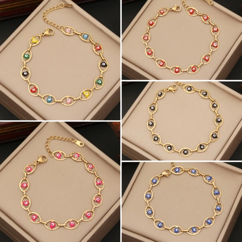 Evil Eye Herz Armband Edelstahl Emaille Tropföl Vergoldet Verstellbarer Modeschmuck Für Damen