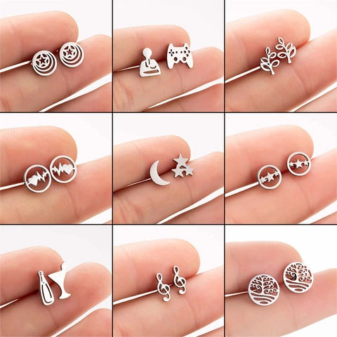 Stainless Steel Stud Earrings Tree Of Life Star Moon Musical Note Game Controller Wine Glass Minimalist For Women