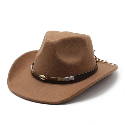 Sombrero De Vaquero Western Fedora Ala Ancha Fieltro De Lana Banda Tejida Étnica Decoración De Concha Para Hombre Mujer