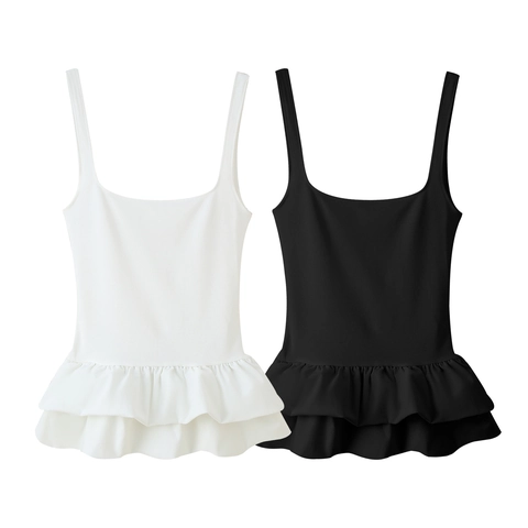 Women Backless Camisole Peplum Top Double Layer Ruffle Hem Square Neck Polyester Solid Color Slim Fit Summer