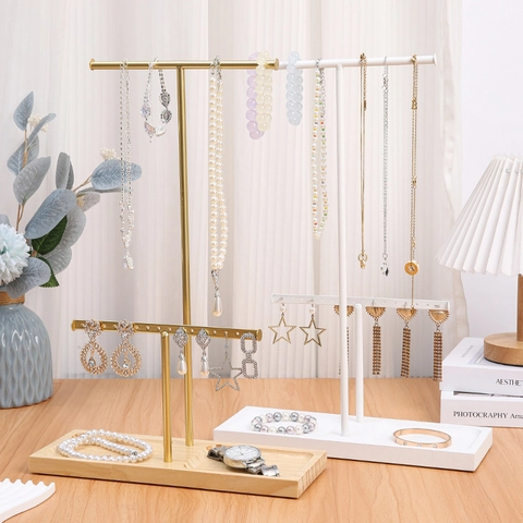 Jewelry Display Stand Metal Earring Holder Organizer With Solid Wood Base Multi Layer T Bar Nordic Minimalist Style