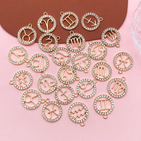 Zodiac Sign Charms Pendants Alloy Rhinestone Hollow Round Astrological Symbol For DIY Jewelry Making Necklaces Earrings