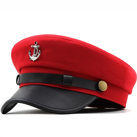 Vintage Navy Style Beret Hat For Women Fashion Flat Top Sailor Cap With Anchor Emblem Autumn Winter Warm Newsboy Hat
