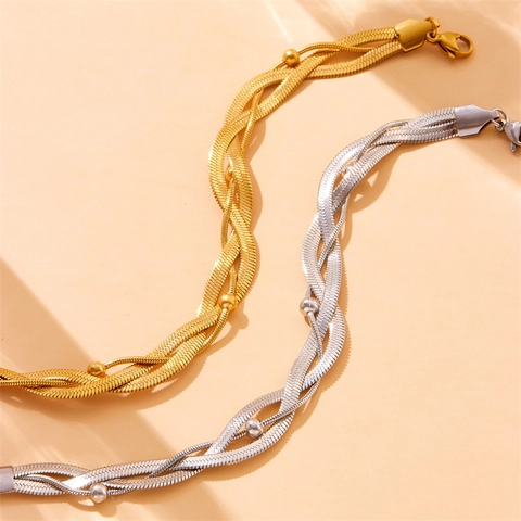 Braided Snake Chain Bracelet Stainless Steel Multi-Strand With Metal Beads Adjustable Extension Link Jewelry For Women