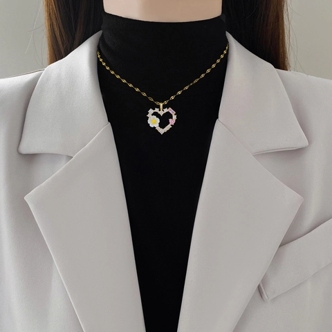 Collana Con Pendente A Cuore Catena In Acciaio Al Titanio Rame Placcato Oro Zircone Fiore Margherita Gioielli Da Donna