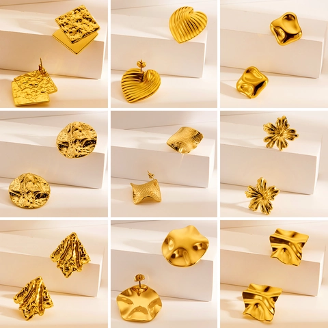 Titanium Steel Stud Earrings For Women 18K Gold Plated Geometric Heart Flower Irregular Textured Modern Niche Jewelry