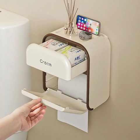 Wandmontage Tissue Box Kunststof Zonder Boren Multifunctionele Badkamer Opberghouder Met Telefoonstandaard Waterdicht Crème Stijl