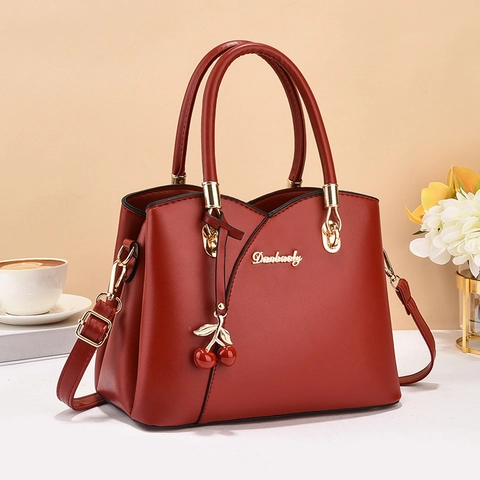 Elegante Damen Handtasche PU Leder Einfache Umhängetasche Mit Kirsch Anhänger Große Kapazität Top Griff