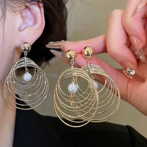 Pendientes Colgantes De Perlas Artificiales Con Aros Redondos Multicapa Con Poste De Plata De Ley 925 Para Mujer
