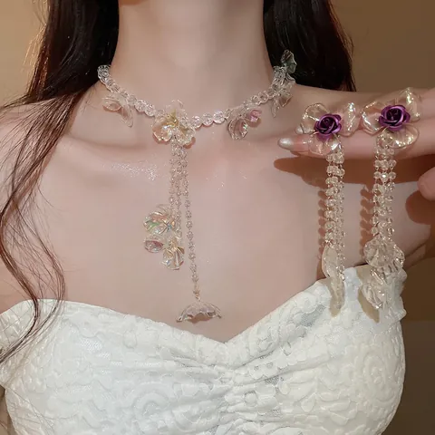 Collana E Orecchini Con Fiori In Acrilico Iridato Con Perno In Argento Sterling 925 Perle Di Vetro Gioielli Eleganti