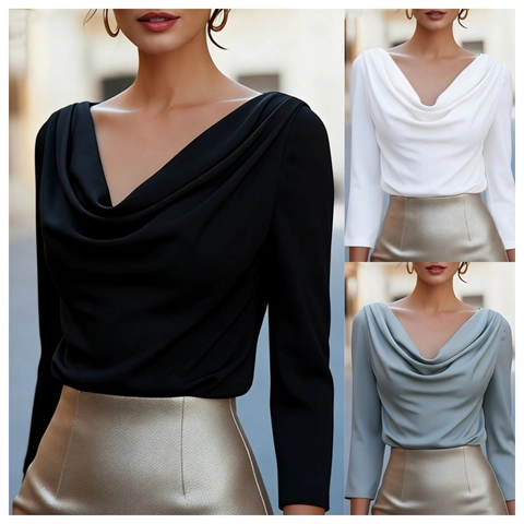 Elegant Women Satin Draped V-Neck Blouse Backless Long Sleeve Solid Color Pullover Top For Office Party Commuter Wear