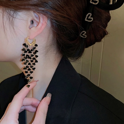 Boucles D'oreilles Gland Géométriques En Cristal Noir Bijoux En Cuivre Avec Tige En Argent Style Coeur Élégant Femmes