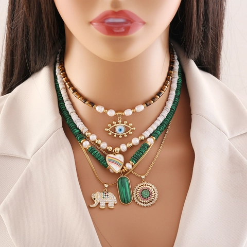 Collana Di Perline Bohémien Per Donna Rame Pietra Naturale Perla Artificial Conchiglia Malocchio Elefante Cuore Pendente Gioielli Vintage