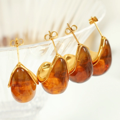 Vintage French Water Drop Stud Earrings For Women Stainless Steel 18K Gold Plated Resin Amber Emerald Elegant Minimalist