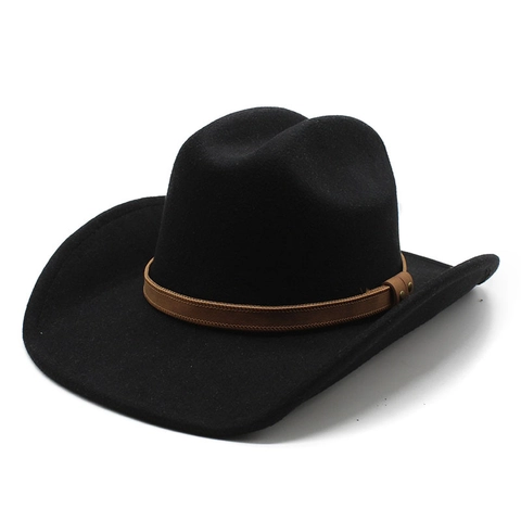 Vintage Western Cowboy Hat Wide Brim Woolen Fedora Hat With Leather Band Rivets For Men Women Outdoor Riding Sunshade