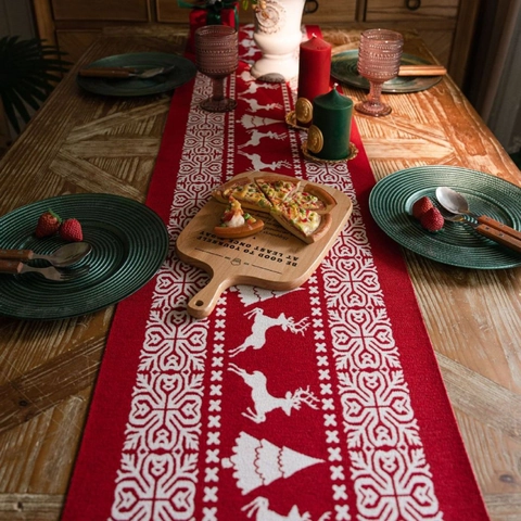 Christmas Table Runner Jacquard Red White Reindeer Snowman Santa Claus Tassels Holiday Dining Room Table Decoration