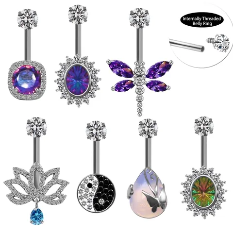 Piercing De Nombril En Acier Inoxydable À Pas De Vis Interne Zircon Lotus Libellule Papillon Bijoux De Corps