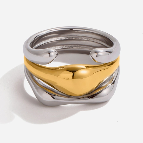 Anillo Abierto de Acero Inoxidable Mezcla Oro Plata Bicolor Triple Capa Calada Textura Martillada Anillo de Moda Minimalista Mujer