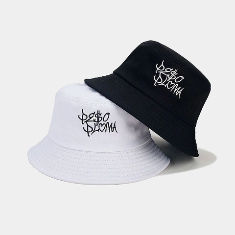 Cotton Canvas Bucket Hat Letter Embroidery Sun Protection Breathable Streetwear Hip Hop Flat Top Outdoor Sun Hat