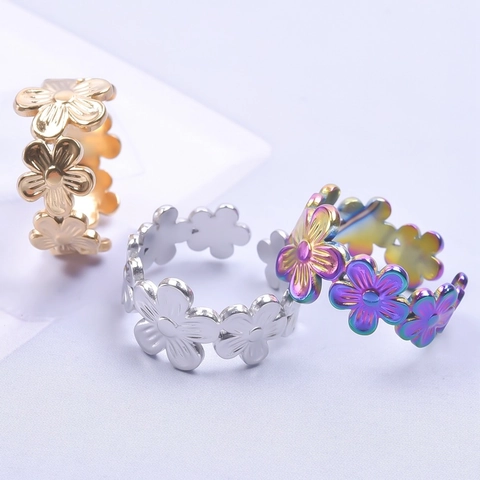 Daisy Flower Rings Stainless Steel Adjustable Open Band Colorful Gold Silver Minimalist Floral Jewelry
