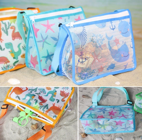Kids Beach Mesh Bag Shell Collector Crossbody Toy Storage Adjustable Strap Cartoon Sea Creature Zippered Pouch Durable