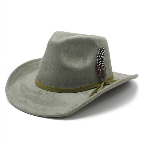 Western Cowboy Hat Faux Suede Wide Brim Jazz Fedora With Feather Decoration For Men And Women