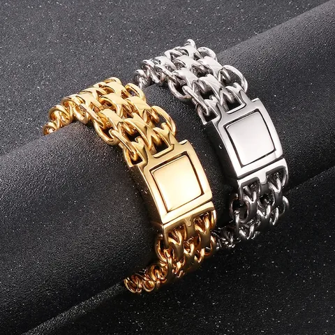 Pulsera Hombre Acero Inoxidable 316L Triple Capa Cadena O Estilo Punk Industrial Cierre Cuadrado Joyería Hip Hop Accesorio