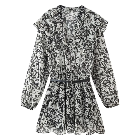 Vestito Mini Con Stampa Floreale In Stile Francese Per Donna Scollo A V Maniche Lunghe Spalle Con Volant Elegante Abito In Chiffon Con Cintura