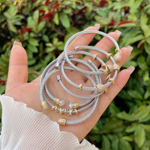 Bracciale Rigido A Cavo Intrecciato Bicolore Oro Argento Placcato Braccialetto Aperto Con Zircone E Perla Artificial Gioielli Eleganti