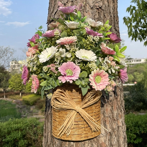 Artificial Flower Basket Wall Hanging Decor Satin Daisy Eucalyptus Woven Basket With Bowknot Pastoral Farmhouse Style