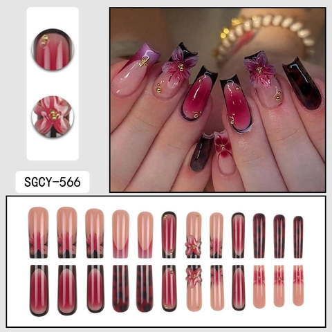 Press On Nägel Sarg Lang Verlauf Rot Pink Mit 3D Blumenrelief Strass Gold Akzenten Für Damen