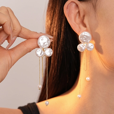 Pendientes Largos De Borla Con Circonita E Imitación De Perla Artificial De Concha Con Poste De Pendiente De Plata Retro Francés Mujer