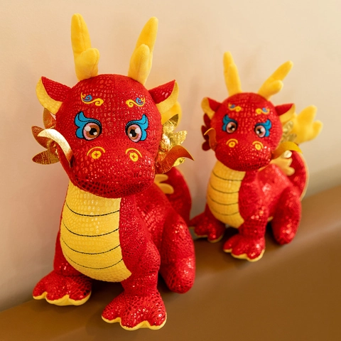 Mascotte Anno Del Drago 2024 Peluche Rosso Stile Cinese Bambola Drago Con Ricamo Squame Dorate Morbido Animale Di Peluche Per Regalo Festa Di Capodanno