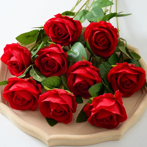 Artificial Rose Flower Single Stem Velvet Flocked Realistic Floral Arrangement For Home Wedding Decor Valentine Gift