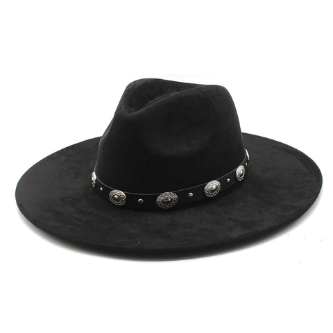 Wide Brim Fedora Hat Suede Polyester Western Cowboy Style With Faux Leather Rivet Band Retro Ethnic For Men Women