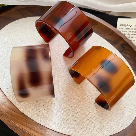 Wide Cuff Bracelet Acetic Acid Resin Tortoiseshell Amber Mottled Open Bangle Retro Vintage Fashion Jewelry For Women