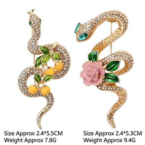 Vintage Schlange Brosche Goldlegierung Strass Emaille Rosa Blume Kirsche Abzeichen Für Damen Anzug Mantel Reversnadel Schmuck
