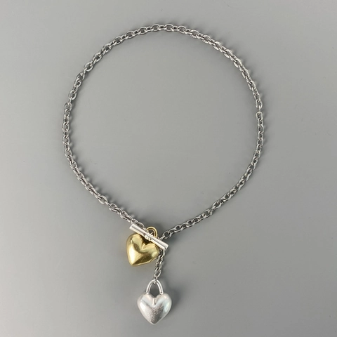 Vintage Copper Alloy Two-Tone Gold Silver Double Heart Pendant OT Toggle Clasp Necklace For Women Personalized Daily Jewelry