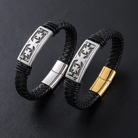 Men Braided Leather Bracelet With 304 Stainless Steel Maltese Cross Magnetic Buckle Retro Hip Hop Punk Jewelry