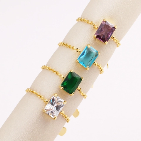 Adjustable Chain Ring Copper 18K Gold Plated Rectangular Zircon Gemstone With Heart Pendant Fashion Jewelry For Women