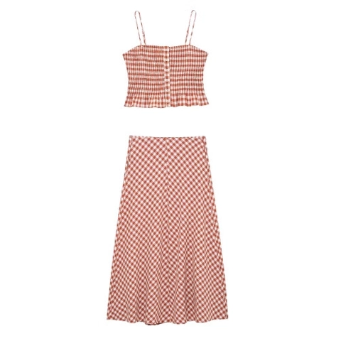 Gingham Cami Top En A-Lijn Midi-Rok Gesmokte Top Met Knopen Verstelbare Bandjes Zoete Stijl Vrouwen Polyester