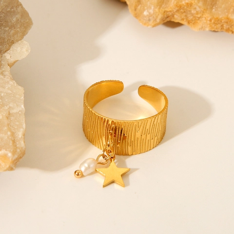 Anello Aperto In Acciaio Inossidabile Placcato Oro Regolabile Perla Artificial D'acqua Dolce Ciondolo Stella Texture Spazzolata Gioielli Donna