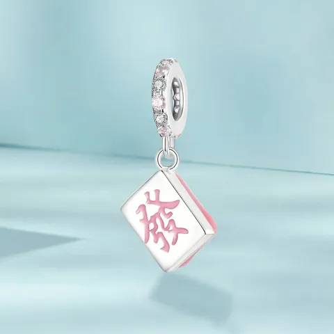925 Sterling Silver Mahjong Lucky Fa Pendant Necklace Pink Enamel Zirconia Inlaid Chinese Style Charm For Women DIY Jewelry