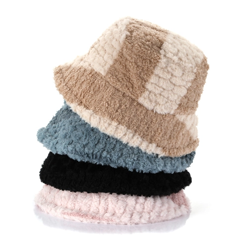 Bucket Hat Faux Lamb Wool Plush Warm Winter Windproof Checkerboard Patchwork Casual Vintage Chic Headwear For Women Girls