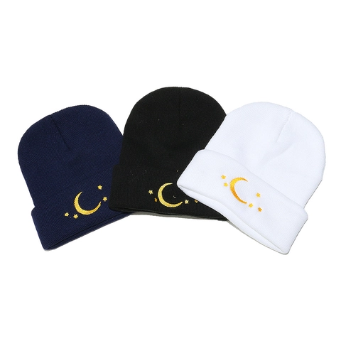 Berretto Maglia Acrilico Ricamo Stella Luna Risvolto Caldo Berretto Invernale Donna Uomo Casual Tendenza Copricapo
