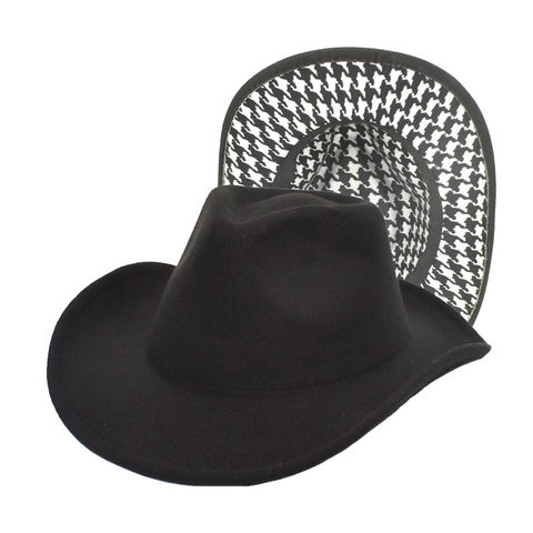 Chapeau De Cowboy À Motif Pied-De-Poule Bord Large Coton Polyester Feutre De Laine Western Jazz Fedora