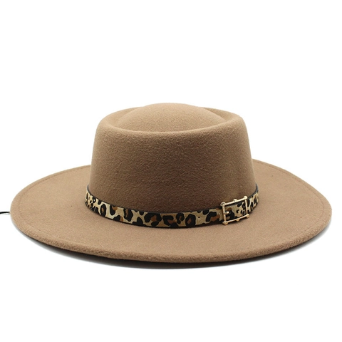 Wool Felt Boater Hat Wide Brim Flat Top With Leopard Print Band And Golden Metal Buckle Fashion Retro Accessory For Men Women