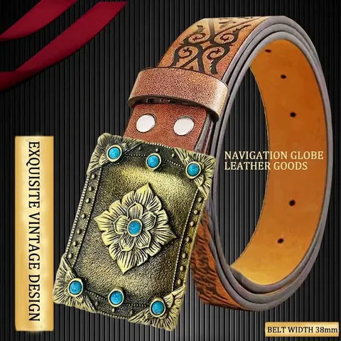 Retro Ethnic PU Leather Belt For Women Men Vintage Turquoise Buckle Embossed Floral Pattern Bohemian Style Waist Strap Jeans Decoration