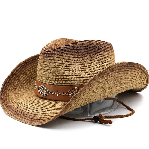 Western Cowboy Straw Hat Gradient Paper Weave Rivet Leather Band Wide Brim Sunshade Beach Travel Outdoor Unisex
